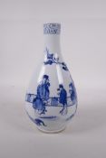 A Chinese blue and white porcelain pear shaped vase decorated with women and children in a