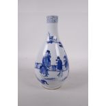 A Chinese blue and white porcelain pear shaped vase decorated with women and children in a