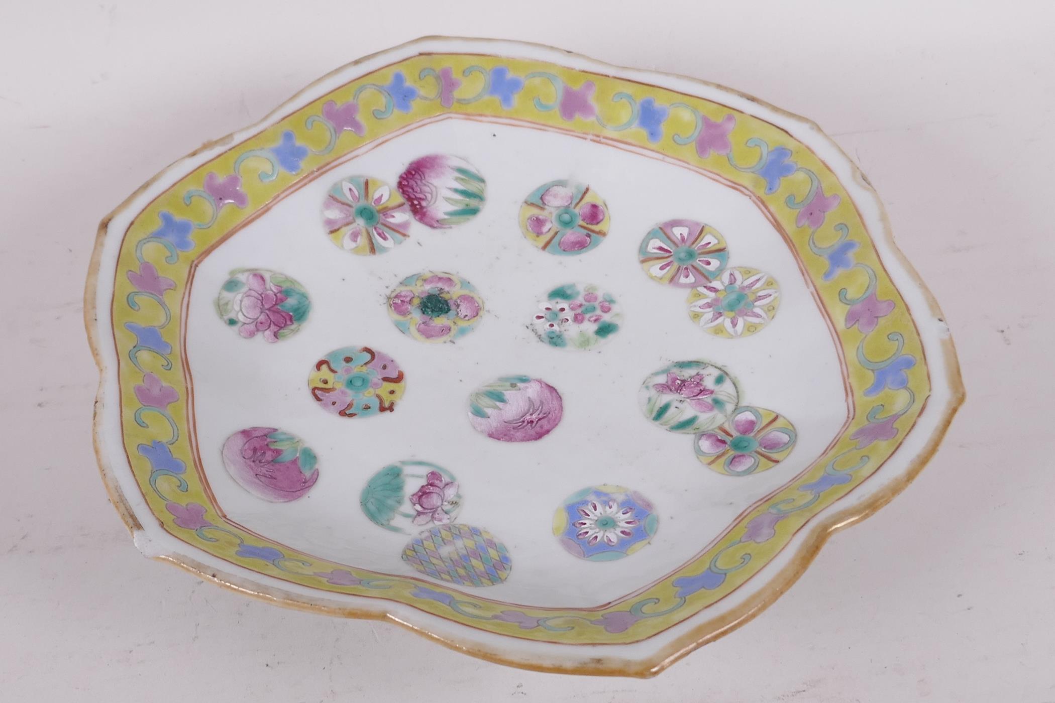 A C19th Chinese petal rimmed footed bowl painted in bright polychrome enamels, red seal mark to