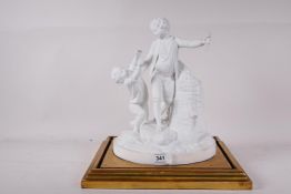 A hard paste/parian figure group of three boys, mounted on a watergilt base, A/F restoration to fish
