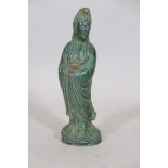 A green glass figure of Quan Yin, 9" high