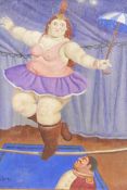 After Fernando Botero, tightrope walker, oil on canvas board, 12" x 16"