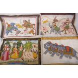 A pair of Indian watercolours on silk, tiger hunts, 20" x 15", and an Indian watercolour on silk,