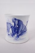 A Chinese blue and white porcelain waisted brush pot, decorated with Lohan and an elephant,