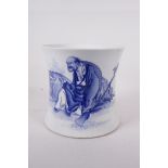 A Chinese blue and white porcelain waisted brush pot, decorated with Lohan and an elephant,