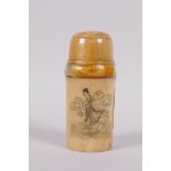 A Chinese bone shaker decorated in penwork with a goddess riding the waves, and verses, 4" high