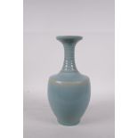 A Ru ware style celadon glazed porcelain vase with ribbed neck, Chinese, 10" high