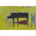 In the manner of Nicolas de Stael, impasto still life of a piano and guitar, oil on canvas laid on