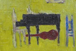 In the manner of Nicolas de Stael, impasto still life of a piano and guitar, oil on canvas laid on