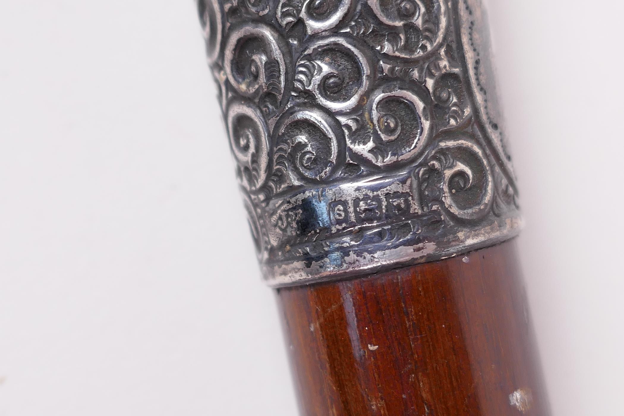 A hardwood walking stick with antler handle and hallmarked silver ferule, 36" long - Image 3 of 3