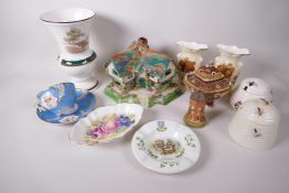 A collection of decorative pottery and porcelain including a Staffordshire corner house pastille