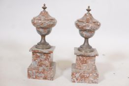 A pair of C19th French marble urns with brass mounts, 11" high