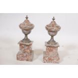 A pair of C19th French marble urns with brass mounts, 11" high