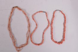 Three vintage coral bead necklaces, longest 38"