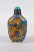 A Chinese cloisonne snuff bottle with dragon decoration, 4 character mark to base, 3¼" high