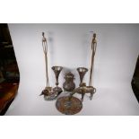 A pair of Kashmiri trumpet shaped vases with engraved and enamelled decoration, 11" high, and a