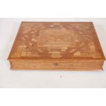 A New Zealand amboyna box, the top inlaid with specimen woods, the base with sterling silver