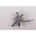 A 925 silver and abalone set dragonfly brooch, 1½" long