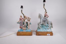 A vintage continental ceramic table lamp, couple by a fountain, and another of a woman on horseback,