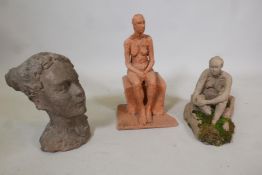 Two hand sculpted terracotta maquettes of seated femail figures, both signed verso J.S. '91,