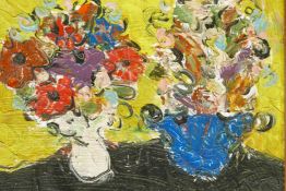 Abstract still life of flowers, impasto oil on canvas, signed Dyf, 12" x 10"