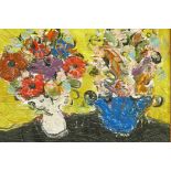 Abstract still life of flowers, impasto oil on canvas, signed Dyf, 12" x 10"