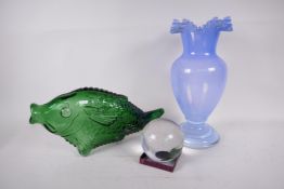 A crystal glass ball, 3" diameter, together with a phased blue glass vase, 12" high and a green