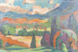 In the manner of Ernst Ludwig Kirchner, rural German landscape, oil on canvas laid on board, 16" x