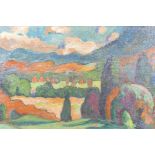 In the manner of Ernst Ludwig Kirchner, rural German landscape, oil on canvas laid on board, 16" x