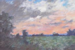 Landscape at sunset, signed Davide Wright, in a good gilt composition frame, oil on canvas board, 7"