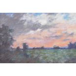 Landscape at sunset, signed Davide Wright, in a good gilt composition frame, oil on canvas board, 7"