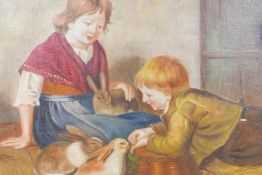 In the style of Walter Hunt, interior scene with children and rabbits, oil on canvas board, 18" x