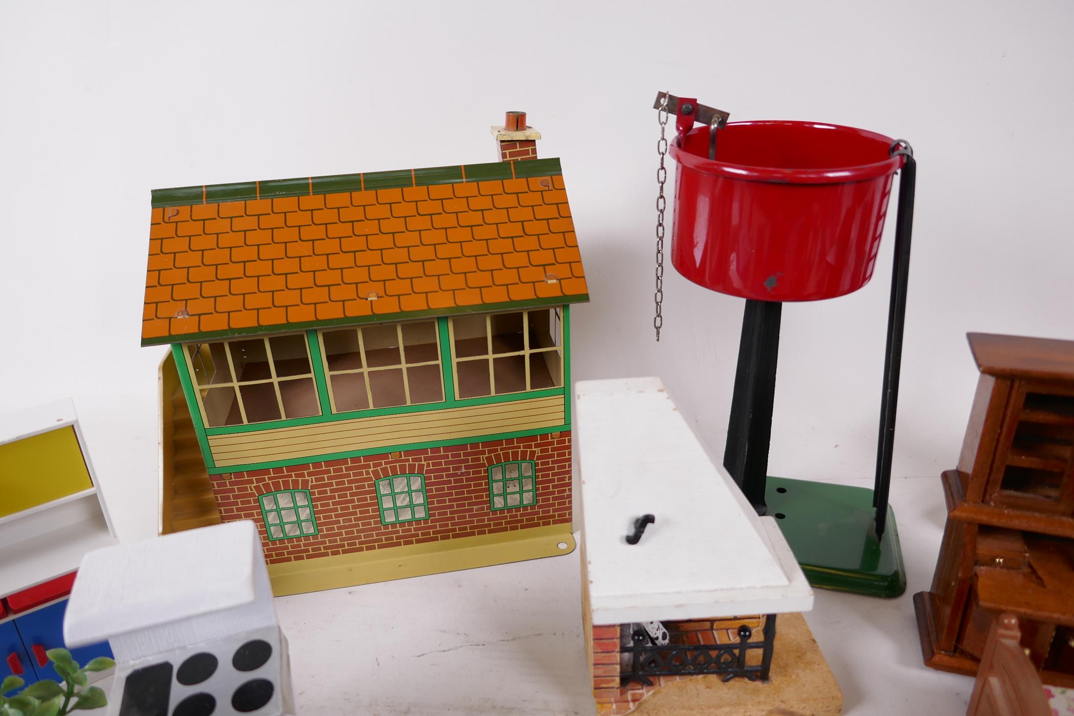 Three Hornby railway items, signal box, water tank and crane, together with a quantity of dolls - Image 3 of 5