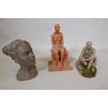 Two hand sculpted terracotta maquettes of seated female figures, both signed verso J.S. '91,