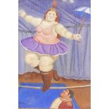 After Fernando Botero, tightrope walker, oil on canvas board, 12" x 16"