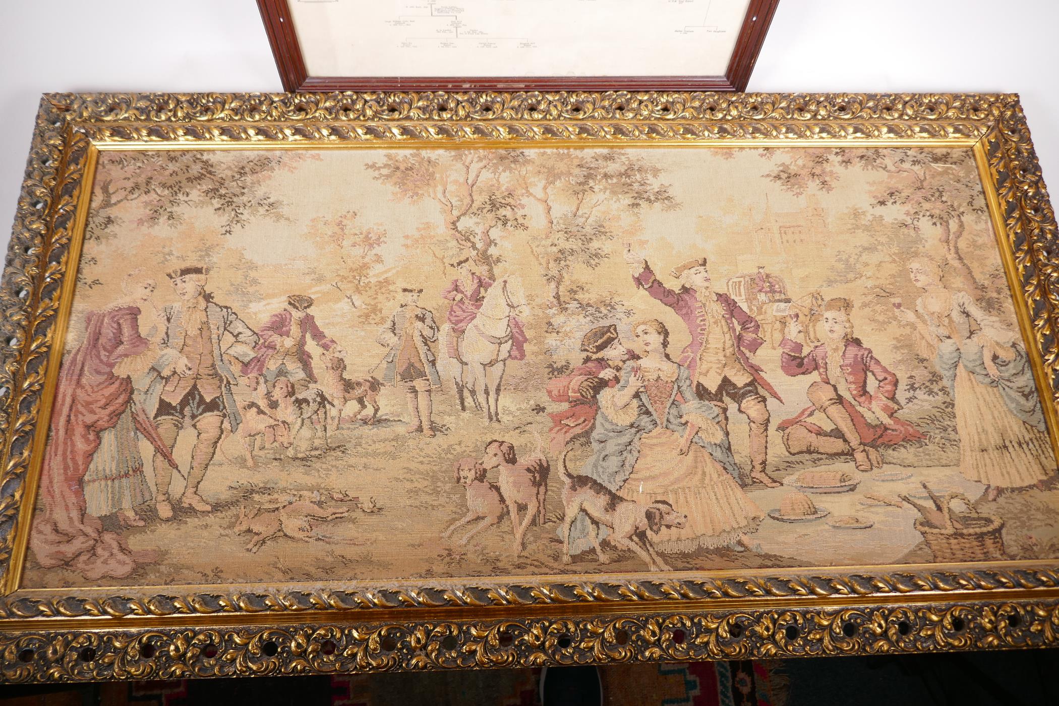 A machine tapestry of huntsmen and romantic figures, 38" x 17", together with a framed chart showing - Image 2 of 4