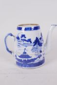 A Chinese Canton blue and white porcelain teapot with double twist handle, A/F, 5" high