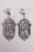 A pair of 925 silver drop earrings decorated with cats, 2" drop