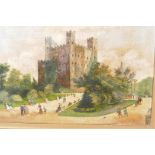 T. Moss, figures outside a castle keep, signed and dated 1890, oil on canvas, 14" x 10"