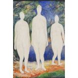 Russian surrealist, three ghostly figures, oil on canvas laid on board, 11" x 15"
