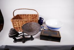 A set of vintage cast iron kitchen scales and weights together with a T.G. Green & Co Cornish blue