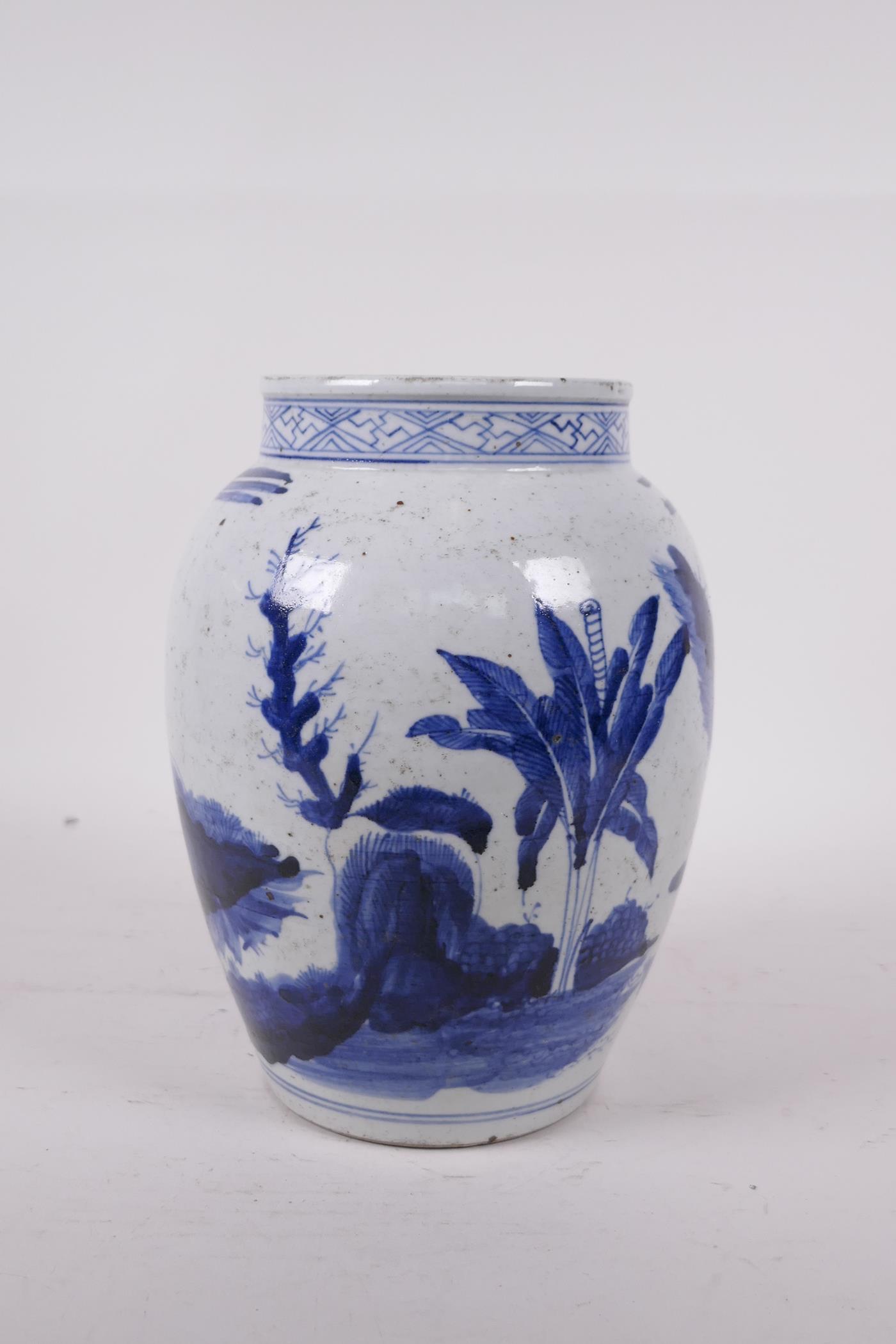 A Chinese Republic period blue and white porcelain jar, decorated with figures in a landscape, - Image 3 of 5