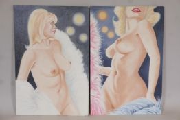 Millard (British, C20th), two paintings of semi-clad women, both dated verso 1979, oil on board,