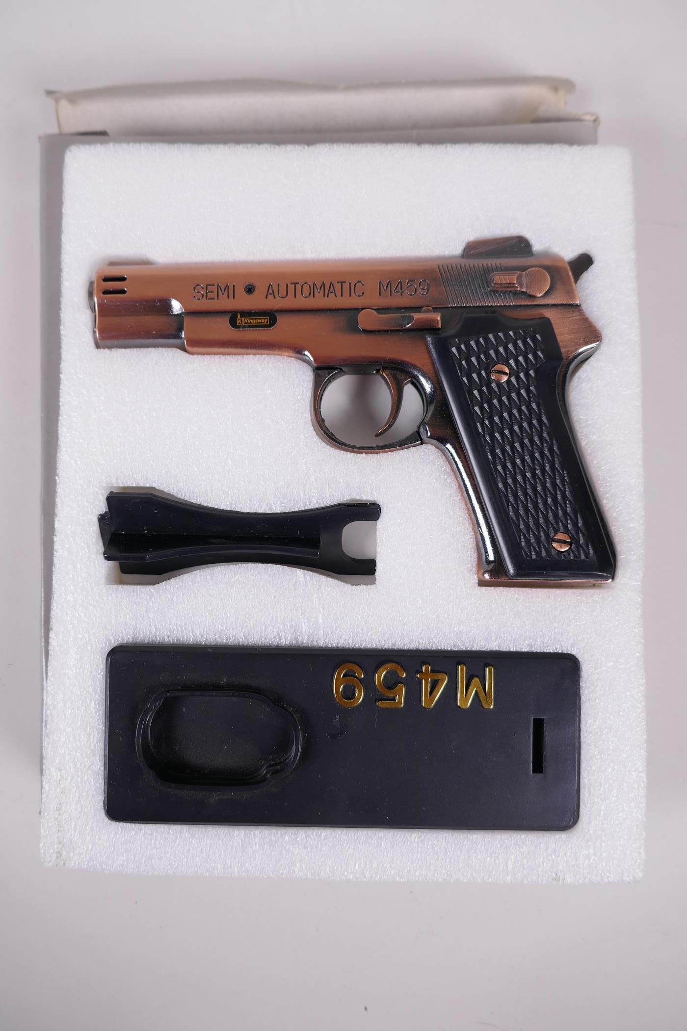 A Kingsway semi automatic M459 pistol table lighter, 5" long, boxed - Image 2 of 3