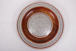 A turned wood Moorish micro mosaic sadeli work dish, 12" diameter, inlaid with mother of pearl, bone