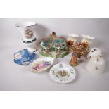 A collection of decorative pottery and porcelain including a Staffordshire corner house pastille