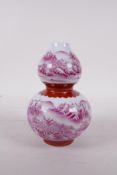 A Chinese porcelain double gourd vase decorated with a riverside scene, seal mark to base, 7" high