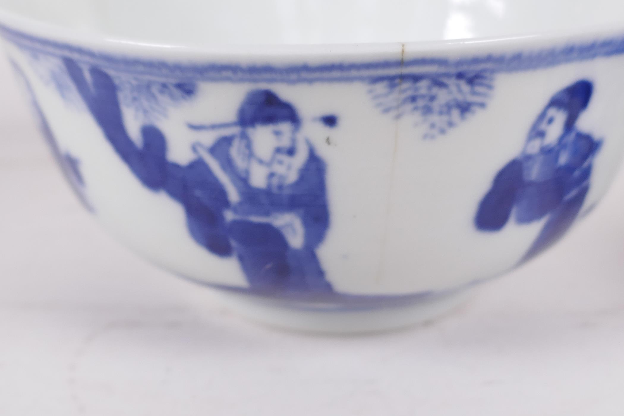 A Chinese blue and white porcelain tea bowl decorated with a figure in a continuous landscape, 6 - Image 6 of 6