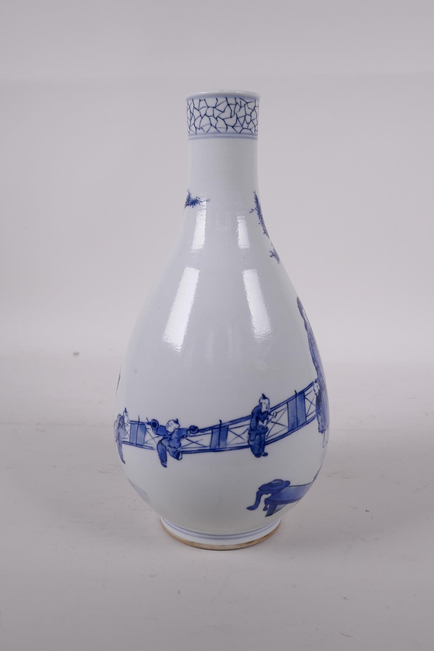 A Chinese blue and white porcelain pear shaped vase decorated with women and children in a - Image 2 of 5