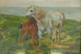 Pony and foal in a landscape, oil on canvas laid on board, unsigned, 14" x 10"